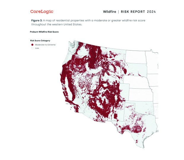 A map of residential properties with a moderate or greater wildfire risk score throughout the western United States. (Provided by CoreLogic)