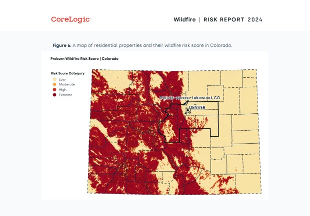 A map of residential properties and their wildfire risk score in Colorado. (Provided by CoreLogic)