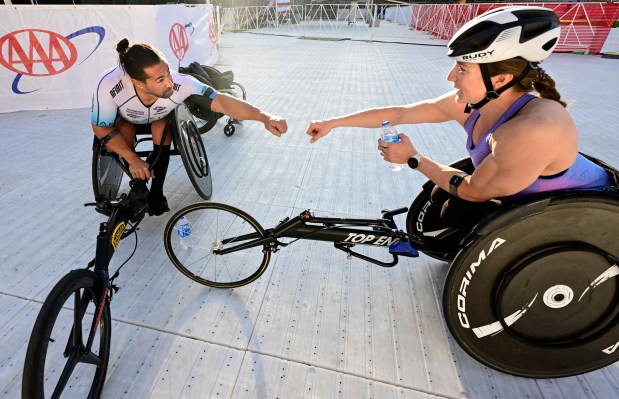 Wheelchair winners, Howie Sanborn, left, and Kendall Gretch, after the 2023 Bolder Boulder.(Cliff Grassmick/Staff Photographer)