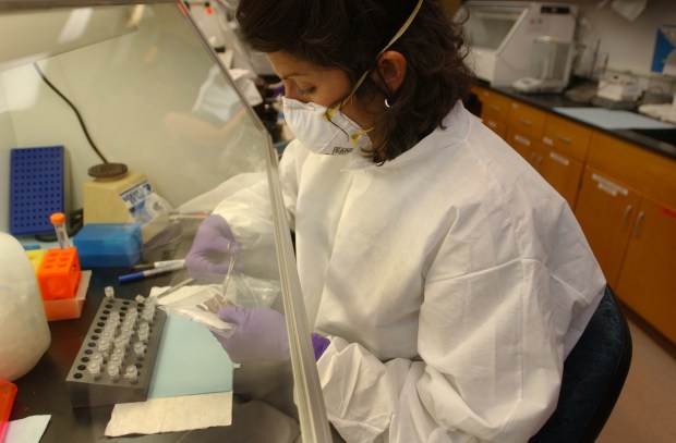 Colorado Bureau of Investigation forensic scientist Yvonne "Missy" Woods prepares a known blood sample for DNA analysis as part of a sexual assault investigation at the agency's lab in Lakewood, Colorado, on Aug. 13, 2003. (Photo by Karl Gehring, The Denver Post)