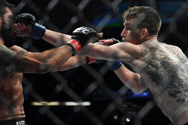 Cory Sandhagen (blue) defeats Raphael Assunçao by unanimous decision during UFC 241 at the Honda Center in Anaheim Saturday, August 17, 2019. (Photo by Hans Gutknecht, Los Angeles Daily News/SCNG)