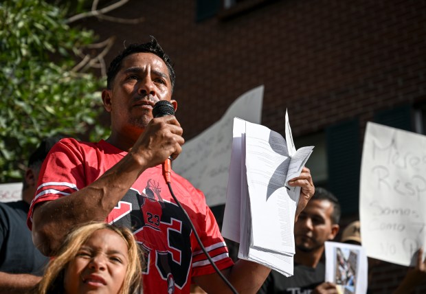 Juan Carlos Alvarado Jimenez speaks about the living conditions within the Edge at Lowry apartment complex in Aurora on Tuesday, Sept. 3, 2024. (Photo by AAron Ontiveroz/The Denver Post)