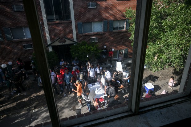 Residents and supporters gather to speak out at the Edge at Lowry apartment complex in Aurora on Tuesday, Sept. 3, 2024. (Photo by AAron Ontiveroz/The Denver Post)