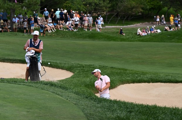 Colorado's Wyndham Clark hits his ball out of the bunker on the seventeenth hole during the final round at BMW Championship at Castle Pines Golf Club in Castle Rock on Aug. 25, 2024. Clark double-bogied on the hole. Clark tied for 13th in the overall standings. (Photo by Helen H. Richardson/The Denver Post)