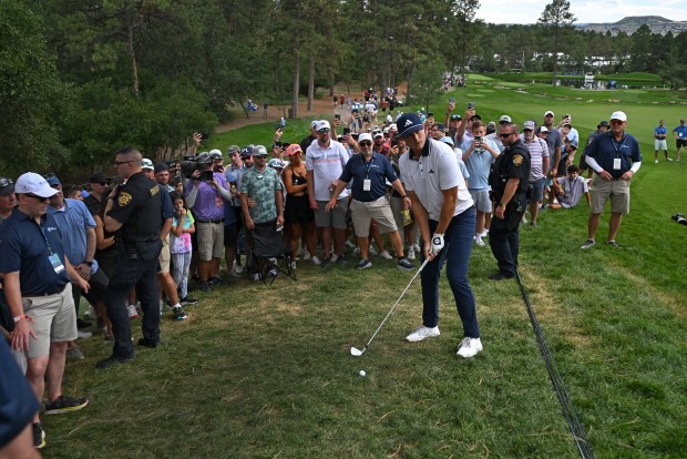 Ludvig Åberg lines up a shot that fell into the crowd on the 17th hole during the third round of the BMW Championship at Castle Pines Golf Club in Castle Rock on Aug. 24, 2024. (Photo by Helen H. Richardson/The Denver Post)