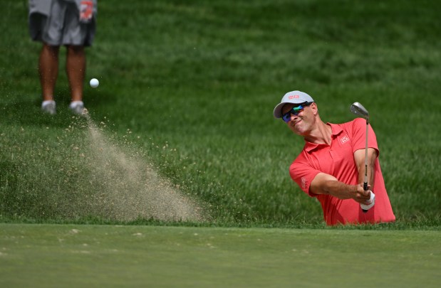 Adam Scott hits his ball out of the bunker on the first hole during teh third round of the BMW Championship at Castle Pines Golf Club in Castle Rock on Aug. 24, 2024. (Photo by Helen H. Richardson/The Denver Post)