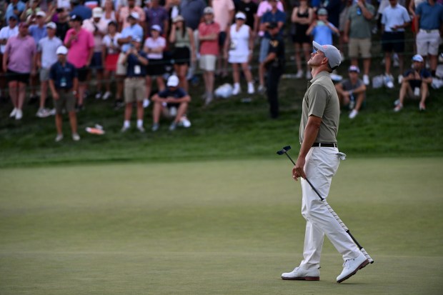 Adam Scott reacts after missing a putt on the green of the eighteenth hole during the final round of the BMW Championship at Castle Pines Golf Club in Castle Rock on Aug. 25, 2024. Scott tied for second in the overall standings of the tournament. (Photo by Helen H. Richardson/The Denver Post)