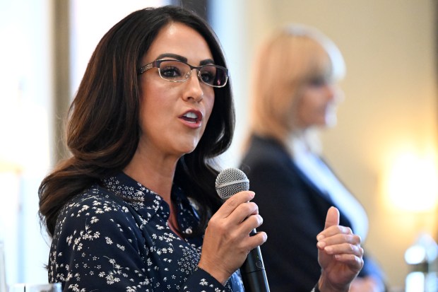 CD4 congressional race candidate U.S. Rep. Lauren Boebert makes remarks during a debate at a lunch at The Club at Ravenna  in Douglas County, Colorado, on Sept. 3, 2024. It was the first and for now the only debate between Congresswoman Lauren Boebert and Democratic challenger Trisha Calvarese. Boebert switched to this district and won a contested Republican primary in June.  (Photo by Helen H. Richardson/The Denver Post)