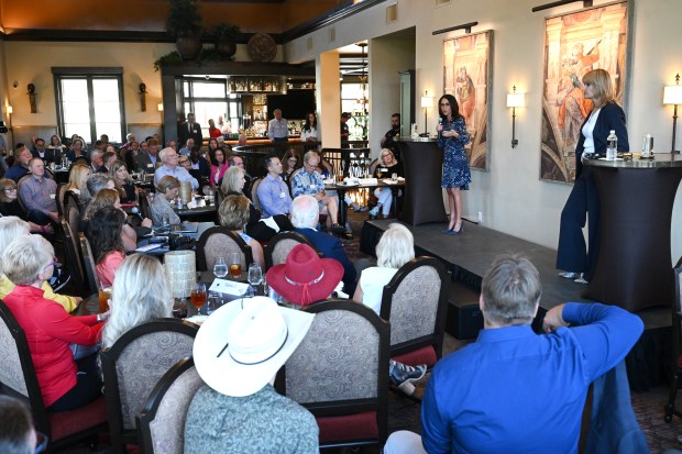 U.S. Rep. Lauren Boebert, left, and Democratic opponent Trisha Calvarese, right, participate in a debate in the 4th Congressional District race, during an event in Douglas County on Sept. 2, 2024. (Photo by Helen H. Richardson/The Denver Post)