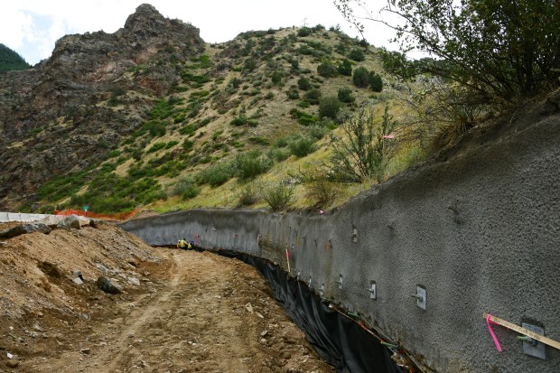 Shotcrete covers walls of the Huntsman Gulch area in Clear Creek Canyon amid trail construction in Jefferson County on Wednesday, Aug. 14, 2024. (Photo by Hyoung Chang/The Denver Post)