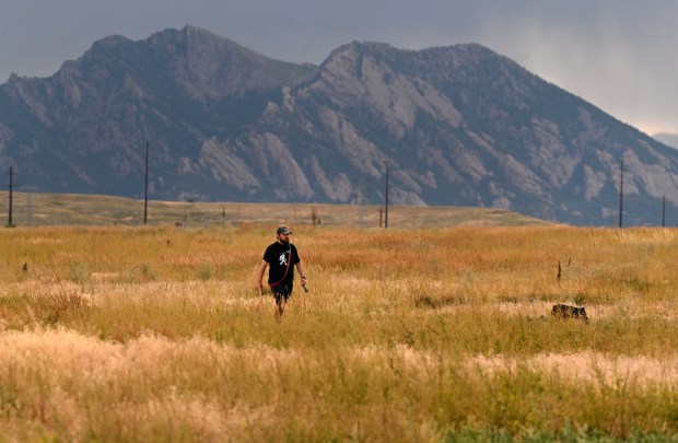 Jon Webb walks with his dog Lyra along the trails at the Westminster Hills Open Area Dog Park in Westminster, Colorado on July 8, 2024. Westminster's claim as home to the metro area's largest off-leash dog park 440 acres of prairie nudged against the edge of the Rocky Mountain foothills where dogs can blaze a trail untethered got a big boost Monday night. City elected officials gave initial approval Monday, by a vote of 5-2, to an ordinance designed to establish the Westminster Hills Open Space Dog Off-Leash and Natural Area, a designation that officially provides a generous slice of land upon which canines can continue to run, frolic and play loose and fancy-free...A second vote to finalize the new designation, which is expected to cost approximately $1.3 million to activate in 2025, is scheduled for later this month. A chunk of that money will fund full-time positions in Westminster's open space department to manage the newly designated property, including open space stewards and a crew leader. (Photo by Helen H. Richardson/The Denver Post)