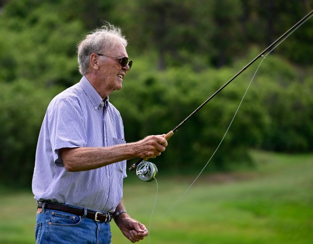 Fly fisherman Roger Hill practices casting at a park near his home in Colorado Springs on Aug. 29, 2024. Hill is fighting for fishermen to have public access to private sections of Colorado rivers. (Photo by Andy Cross/The Denver Post)