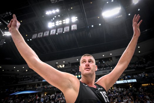 Nikola Jokic (15) of the Denver Nuggets waves to fans after the fourth quarter of the Minnesota Timberwolves’ 98-90 win at Ball Arena in Denver on Sunday, May 19, 2024. (Photo by AAron Ontiveroz/The Denver Post)