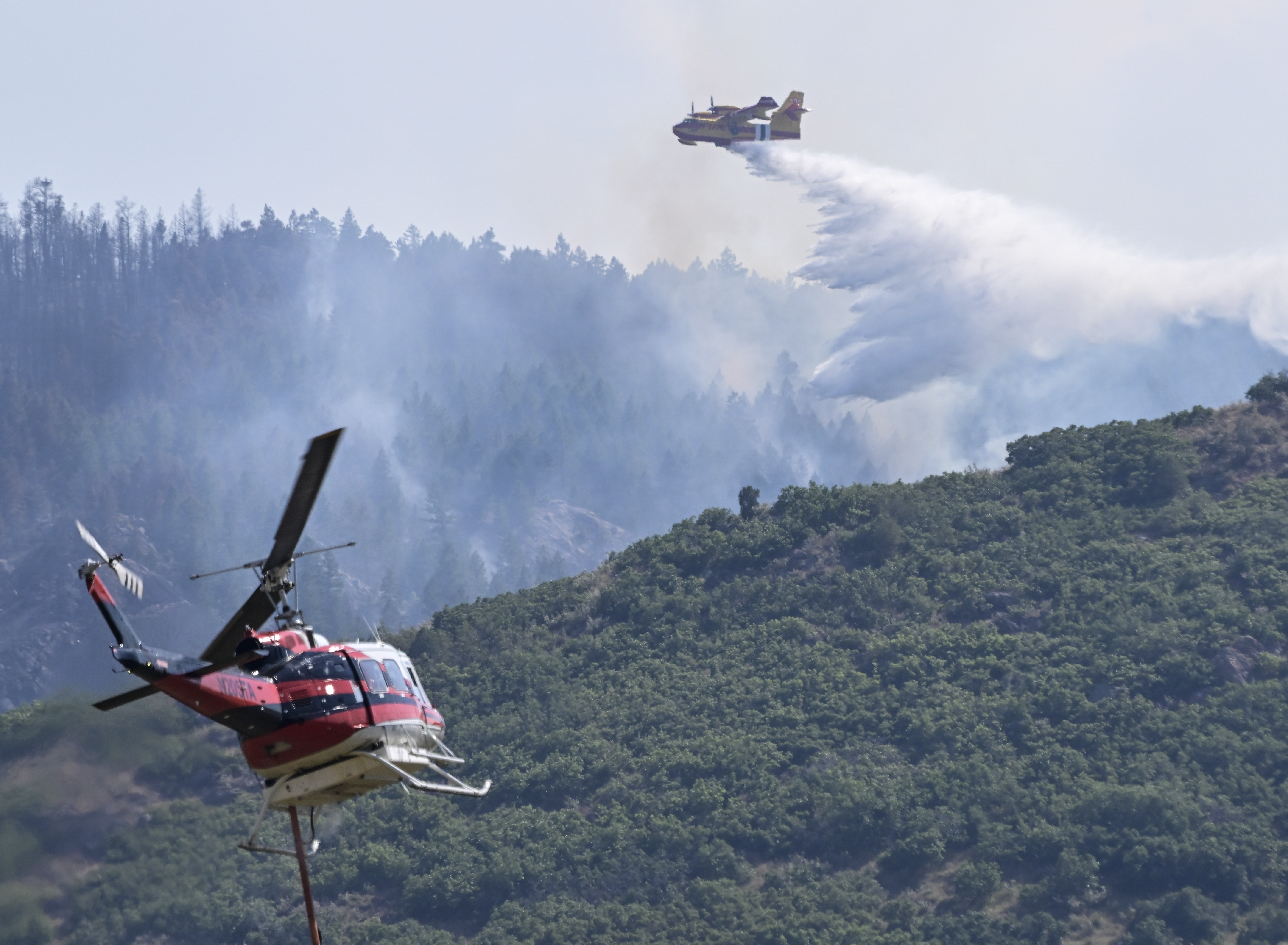 A CL 415 Scooper, top, drops water on the Quarry fire as a Firehawk helicopter maneuvers for a water drop in Jefferson County on Thursday, Aug. 1, 2024. (Photo by Andy Cross/The Denver Post)