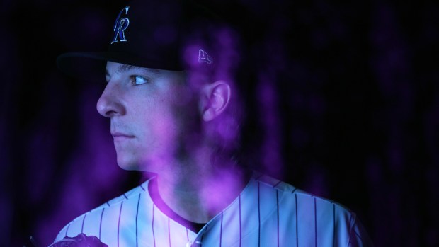 Colorado Rockies starting pitcher Ryan Rolison (47) during 2023 media photo day at spring training at Salt River Fields at Talking Stick on Feb. 24, 2023 in Scottsdale, Arizona. The image is an in camera multiple exposure which two images are superimposed in a single frame. (Photo by RJ Sangosti/The Denver Post)