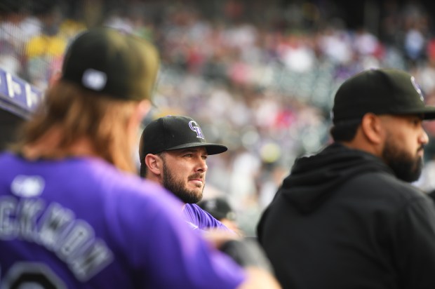 Colorado Rockies outfielder Kris Bryant (23) watch the game from the dugout during a game against the Boston Red Sox at Coors Field in Denver on Tuesday, July 23, 2024. (Photo by Zachary Spindler-Krage/The Denver Post)