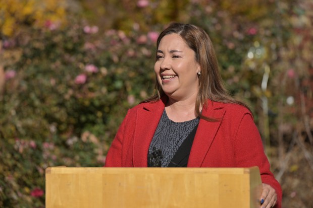 Democratic state Rep. Yadira Caraveo speaks at a press conference outside her parents house in Denver on Thursday, Nov. 10, 2022. Rep. Caraveo will become Colorado's first Latina congressional representative after her Republican opponent, state Sen. Barbara Kirkmeyer, conceded the 8th Congressional District contest. (Photo by Hyoung Chang/The Denver Post)