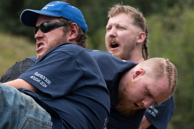 Tug-o-War competitors battle during Tug-o-War competition at the Hardrockers Holidays in Silverton Colo., Saturday, Aug. 10, 2024. (Photo by William Woody/Special to The Denver Post)