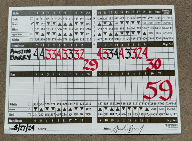 The scorecard from Fossil Ridge senior Austin Barry's round of 59 at Harmony Golf Club on Aug. 27, 2024, in Timnath, Colorado. (Courtesy of Jamie Menefee)