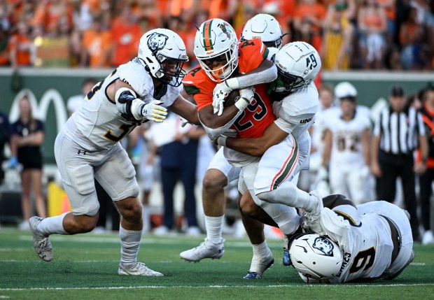 A group of Northern Colorado defenders wrap up Colorado State running back Justin Marshall (29) during the second half of the Colorado State Rams football game against the Northern Colorado Bears at Canvas Stadium at Colorado State University in Fort Collins, Colorado, on Saturday, Sept. 7, 2024. The Colorado State Rams defeated the Northern Colorado Bears 38-17. (Photo by Alex McIntyre/Special to The Denver Post)