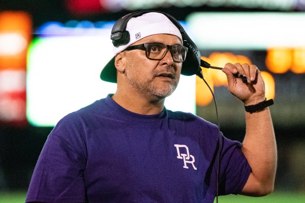 Dakota Ridge High School's assistant coach Tierre Duran on the sidelines during the second half of the game against Green Mountain High School at Jeffco Stadium, Friday, Sept. 6 2024, in Lakewood, Colorado. (Rebecca Slezak/Special to The Denver Post)