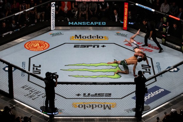 Anthony Hernandez grapples Josh Fremd in their middleweight fight during the UFC 273 event at VyStar Veterans Memorial Arena on April 09, 2022 in Jacksonville, Florida. (Photo by James Gilbert/Getty Images)