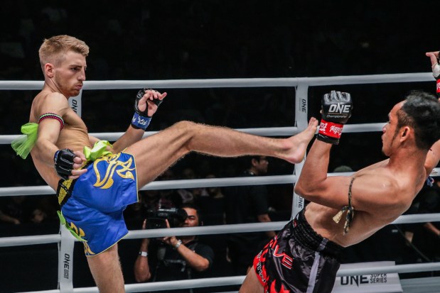 Jonathan Haggerty, left, takes on Superlek Kiatmoo9 on Friday at Ball Arena in ONE 168 with Haggerty's bantamweight Muay Thai title on the line. (Courtesy of ONE Championship)