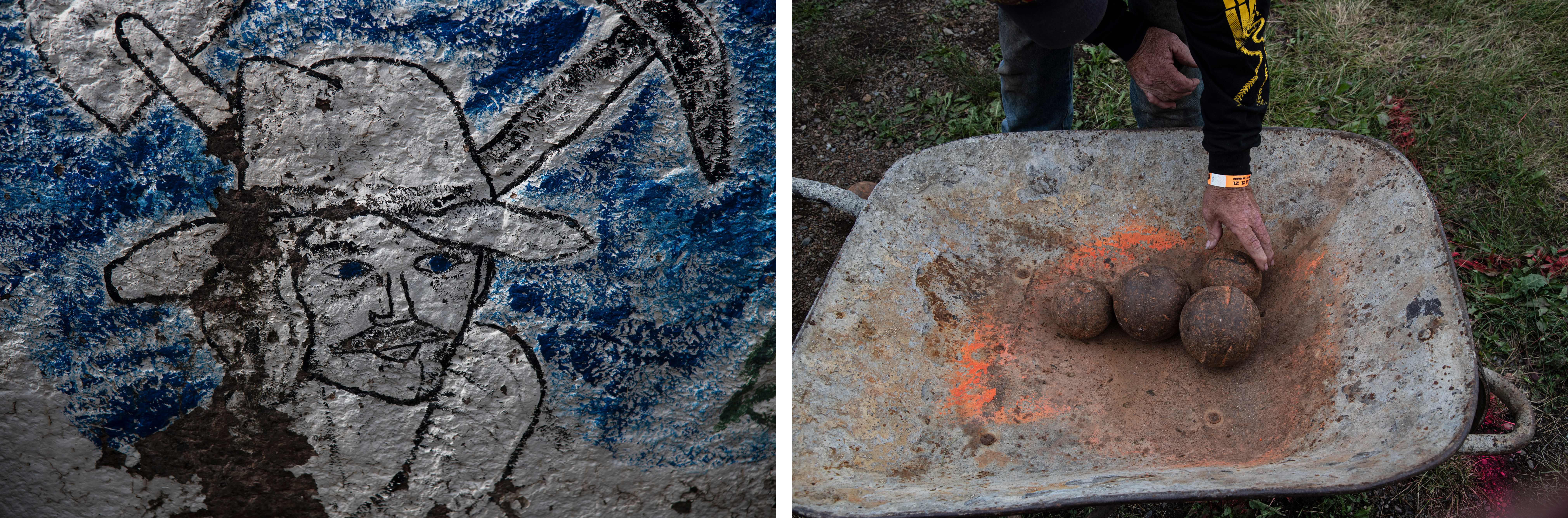 LEFT: The effigy of a miner can be seen painted on a rock at the 50th Hardrockers' Holidays in Silverton on Saturday, Aug. 10, 2024. RIGHT: Silverton native Terry Rhoades gathers heavy ore balls into a wheelbarrow before the start of this run in the wheelbarrow race competition. (Photos by William Woody/Special to The Denver Post)